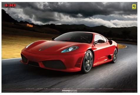 A premium Motor Sport Poster featuring a red Ferrari 430 SCUDERIA sports car from CAR 555 speeding on a racetrack with a dramatic cloudy sky and mountainous landscape in the background. The curved track gives a sense of motion and speed, perfect for large regular posters printed on premium 150gsm gloss paper.