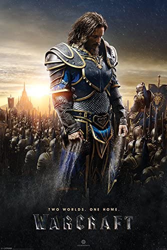 Movie poster for "Warcraft" featuring a man in detailed, blue and gold armor looking down solemnly. A large army and a distant castle form the backdrop. The text at the top reads "Two Worlds. One Home." and the title "Warcraft" is at the bottom, printed on premium gloss paper perfect for any gaming collection. This is the Warcraft - Lothar Colour: Gaming by GAM 008.