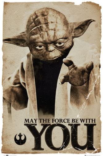 A sepia-toned Star Wars - Yoda poster features Yoda extending his hand forward with the text "MAY THE FORCE BE WITH YOU" and the Rebel Alliance symbol below. Part of the Movies & TV Collection, this large regular poster has a distressed, vintage appearance.