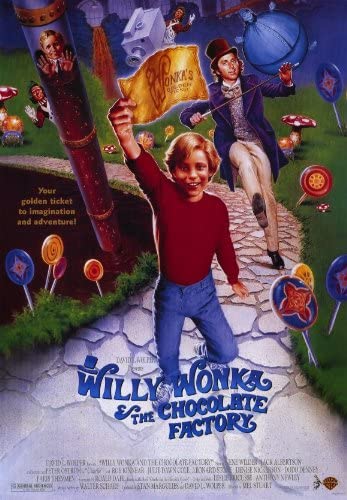 A colorful movie poster for "Willy Wonka & the Chocolate Factory" features a young boy holding a golden ticket. Behind him, Willy Wonka gestures invitingly. The background depicts a whimsical, candy-filled landscape. Bold text at the bottom reads "IMP 095 Willy Wonka.