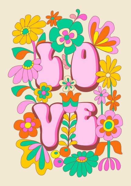 The "70s Love by Rachel Lee A5" from Blue Dog Posters features a vibrant, retro-style illustration with large, pink bubble letters spelling "LOVE," surrounded by colorful, psychedelic flowers and leaves in shades of yellow, orange, green, and pink on a beige background. Perfect for the Little Art series or showcasing in Deluxe Postcard Frames.