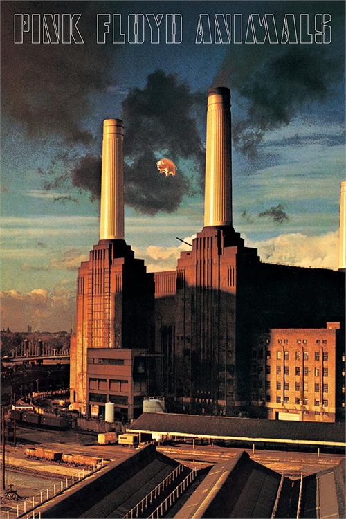 Experience the iconic album cover for MUS's Pink Floyd - Animals. The artwork showcases the Battersea Power Station, prominently featuring a pink inflatable pig floating between two chimneys. A partly cloudy sky enhances the dramatic, industrial atmosphere of the scene. The album title is elegantly displayed at the top in stylized text, making this a perfect addition to any premium music collection.