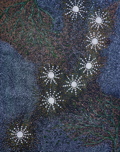 7 Sisters Dreaming by Julianne Wade, offered by Blue Dog Posters, is an intricate dot painting featuring bright white circular patterns resembling stars connected by lines of white dots against a dark blue background. Green and brown dot patterns form abstract branch-like shapes, adding depth and texture to this premium quality art print.