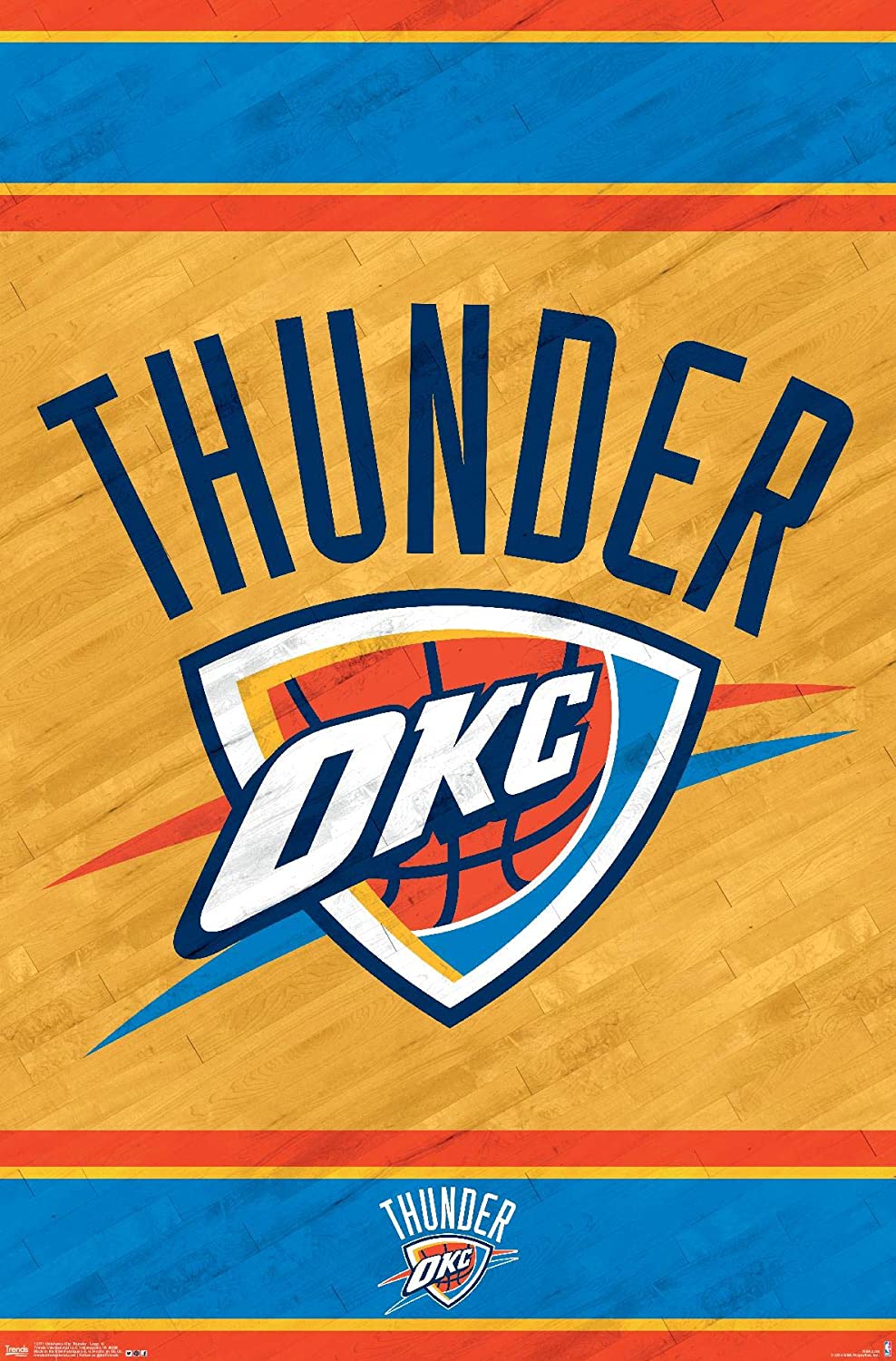 An Oklahoma City Thunder basketball poster featuring a shield with "OKC" and a basketball. The word "THUNDER" is bold and blue above the logo. The background is wood-patterned, bordered by red, blue, and orange stripes. Printed on premium 150gsm gloss paper, it includes a smaller similar logo at the bottom.
Product Name: NBA - Oklahoma City Thunder
Brand Name: SPO 031