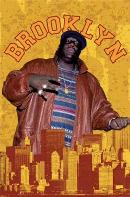 A person in a leather jacket and multicolored sweater stands in front of a backdrop featuring the New York City skyline. They form a hand gesture with fingers making the letter "W." Above their head, prominently displayed, is "BROOKLYN," evoking the iconic MUS Notorious B.I.G Brooklyn poster from one's music collection.
