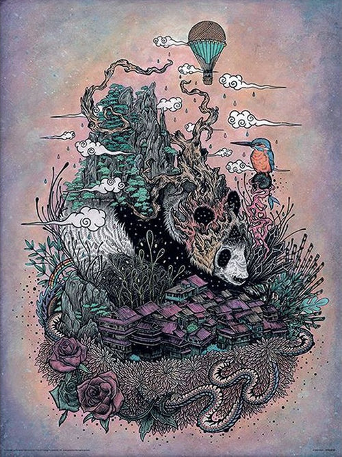 An intricate, surreal artwork features a giant panda with a colorful, flame-like mane. Surrounding it are mountains, clouds, and a village with detailed houses. A blue and orange bird perches on a branch, while a hot air balloon floats in the background. This captivating scene is part of the **Mat Miller Land of the Sleeping Giant** collection by **IMP**.