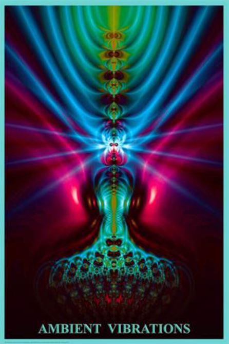 Ambient Vibrations," an intricate abstract piece by ALT, features symmetrical, multicolored patterns that radiate bright neon blues, greens, and pinks from a central point. This vivid design, set against a dark background, is available as an Alternative Poster printed on premium 150gsm gloss paper.