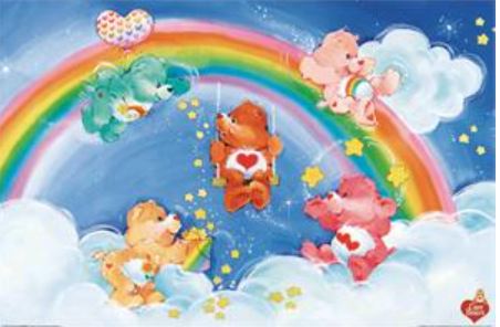 Five vibrant cartoon bears, each featuring a distinct emblem on their tummy, frolic among clouds and a rainbow. Stars and hearts float around them, crafting a whimsical, joyful scene set against a blue sky backdrop—an ideal "Care Bears Rainbow" TV Poster by KID for any playful space.