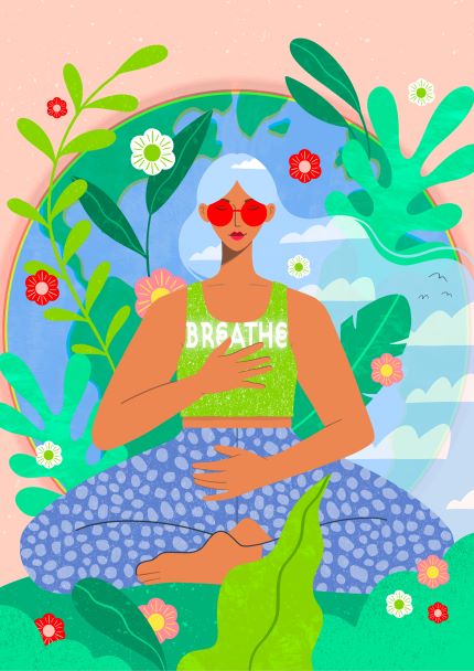 An art print titled "Breathe by Kitty O Illustrates" from the Blue Dog Posters brand, showcases a person with light skin and white hair wearing red sunglasses and a green shirt that says "BREATHE". They sit cross-legged amid vibrant leaves and flowers against a serene backdrop of blue sky and white clouds.