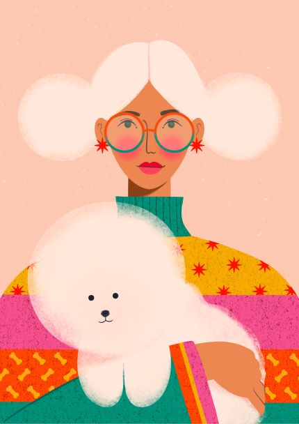 The 'Matching Hairdos' art print by Kitty O Illustrates, available from Blue Dog Posters, features an illustration of a person with light-colored hair styled in fun, puffy ways. They are wearing round glasses and red star-shaped earrings while donning a colorful patterned top. The person is holding a fluffy white dog against a soft peach background. This print is part of the Featured Artists Collection.