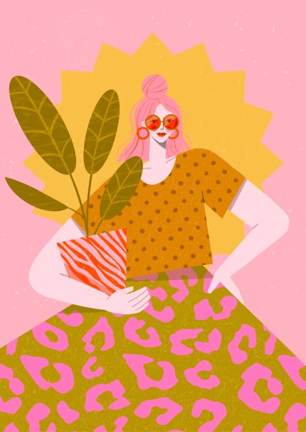 The "Plant Lady" art print by Kitty O Illustrates from Blue Dog Posters features an illustration of a person with pink hair in a bun, wearing orange sunglasses, an orange polka-dotted shirt, and pink leopard-print pants. They hold a potted plant with large green leaves, set against a pink background highlighted by a yellow sunburst design. Created using digital laser printing, this vibrant piece brings the artist's vision to life with stunning detail.