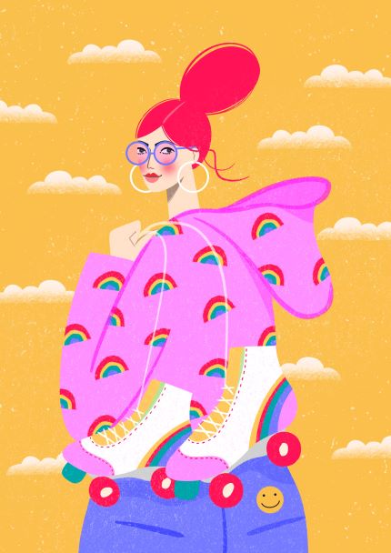 Illustration of a stylish person with vibrant red hair tied up, wearing round glasses, large hoop earrings, and a pink hoodie adorned with rainbow patterns. They hold white roller skates featuring rainbow stripes and stand against a yellow background with clouds. Part of the Featured Artists Collection by Blue Dog Posters, "Rainbow Roller" by Kitty O Illustrates is available as an art print on high quality 250gsm satin paper.