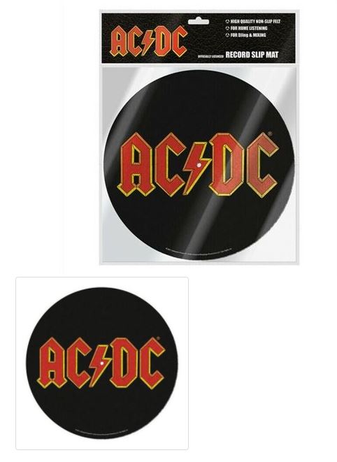 The AC DC RED Slip Mat by Blue Dog Posters is a round black felt slip mat with the AC/DC logo in bold red and yellow plus a lightning bolt. Shown both packaged and unpackaged, it's perfect for your turntable.