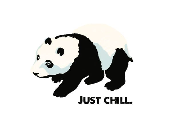 The Retro Animal Print A5 - Panda - Just Chill by Blue Dog Posters features an illustration of a black and white panda bear walking, accompanied by the text "JUST CHILL." The overall image exudes a relaxed and calming vibe.