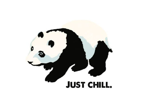 The Retro Animal Print A5 - Panda - Just Chill by Blue Dog Posters features an illustration of a black and white panda bear walking, accompanied by the text "JUST CHILL." The overall image exudes a relaxed and calming vibe.