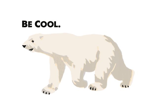 Illustration of a polar bear walking with the text "BE COOL." in bold black letters to the left of the bear, from the Retro Animal Print A5 - Polar Bear - Be Cool collection by Blue Dog Posters. The polar bear is shown in a side profile on a white background, perfect for Little Art series mini prints or Deluxe Postcard Frames.