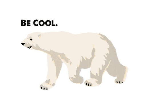 Illustration of a polar bear walking with the text "BE COOL." in bold black letters to the left of the bear, from the Retro Animal Print A5 - Polar Bear - Be Cool collection by Blue Dog Posters. The polar bear is shown in a side profile on a white background, perfect for Little Art series mini prints or Deluxe Postcard Frames.