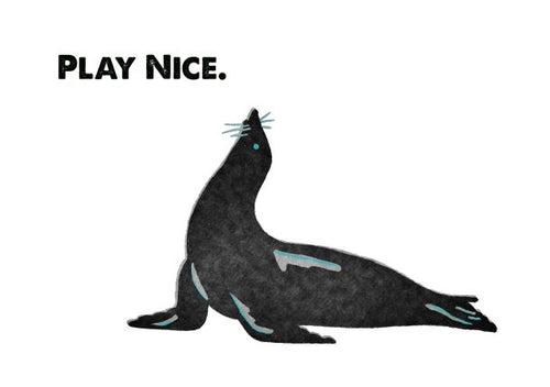 The Retro Animal Print A5 - Seal - Play Nice by Blue Dog Posters features a minimalistic illustration of a black seal in profile view against a white background. The text "PLAY NICE." is written in bold black letters above the seal, which sports blue accents on its whiskers, eyes, and body. This artwork is part of the Little Art series and is perfect for displaying in Deluxe Postcard Frames.