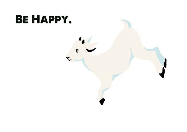Discover the "Retro Animal Print A5 - Goat - Be Happy" by Blue Dog Posters, showcasing a white baby goat mid-leap with a cheerful expression. The words "BE HAPPY." are boldly printed in black on the left side against a plain white background, making it an ideal addition to your Little Art series mini prints collection.