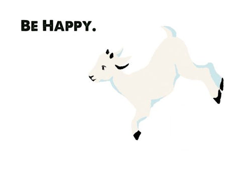 Discover the "Retro Animal Print A5 - Goat - Be Happy" by Blue Dog Posters, showcasing a white baby goat mid-leap with a cheerful expression. The words "BE HAPPY." are boldly printed in black on the left side against a plain white background, making it an ideal addition to your Little Art series mini prints collection.