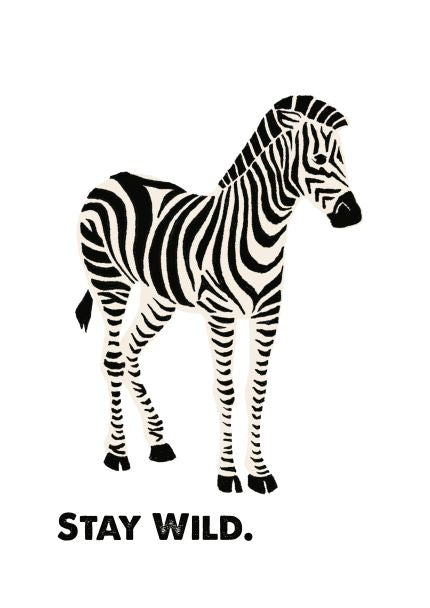 Illustration of a zebra with black and white stripes standing on a white background. The text "STAY WILD." is written in bold black capital letters at the bottom of the image, perfect for little art series and mini prints in deluxe postcard frames. This piece is part of the Retro Animal Print A5 - Zebra - Stay Wild collection from Blue Dog Posters.
