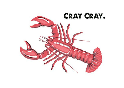 The Retro Animal Print A5 - Crayfish - Cray Cray by Blue Dog Posters features a vibrant depiction of a red crayfish with striking claws, set against a minimalist white background. The phrase "CRAY CRAY." is boldly displayed in black letters in the top right corner. This piece is part of the Little Art series and available as mini prints.
