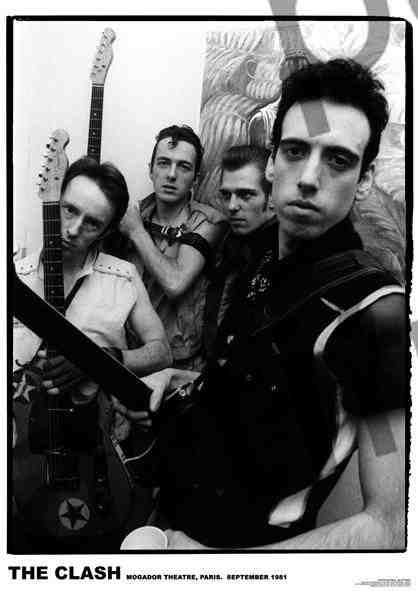 Black and white photograph of the band The Clash, taken at the Mogador Theatre in Paris, September 1981. The four band members are posing with intense expressions, holding guitars. Perfect for any music collection, this rock poster features the band's name and location details printed at the bottom. Introducing **The Clash Paris 1981** by **MUS 059**.