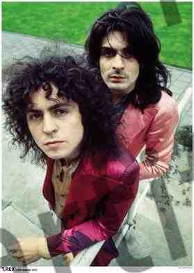 Two individuals with long, curly hair stand closely together outdoors against a grassy background. The person in front wears a shiny magenta jacket, while the person behind sports a shiny red jacket. Both have serious expressions and look directly at the camera, reminiscent of classic rock poster vibes, as they showcase the T.Rex Amsterdam by MUS 083.