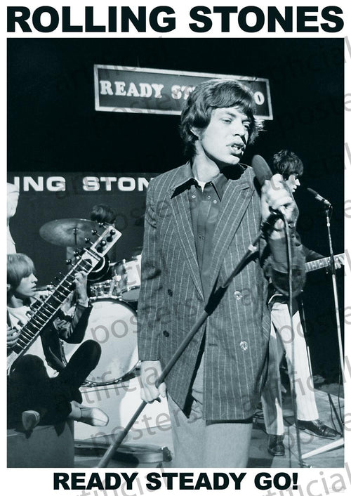 Black and white rock poster of a band performing on stage. The singer in front is holding a microphone, while other band members play instruments in the background. Printed on premium 150gsm gloss paper, the text at the top reads "ROLLING STONES" and at the bottom reads "READY STEADY GO!" Perfect for any music collection.
Introducing MUS 331's latest product: Rolling Stones!