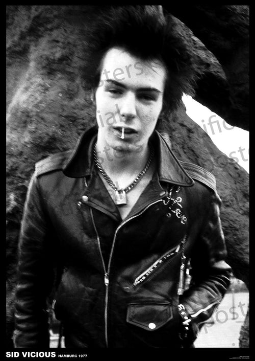 A black-and-white rock poster of a person in a leather jacket standing outdoors with a rocky background. They have spiked hair, a cigarette in their mouth, and wear multiple chains around their neck. The text "SID VICIOUS HAMBURG 1977" is visible at the bottom of the image, perfect for any music collection. This is the Sid Vicious in Hamburg 1977 by MUS 132.
