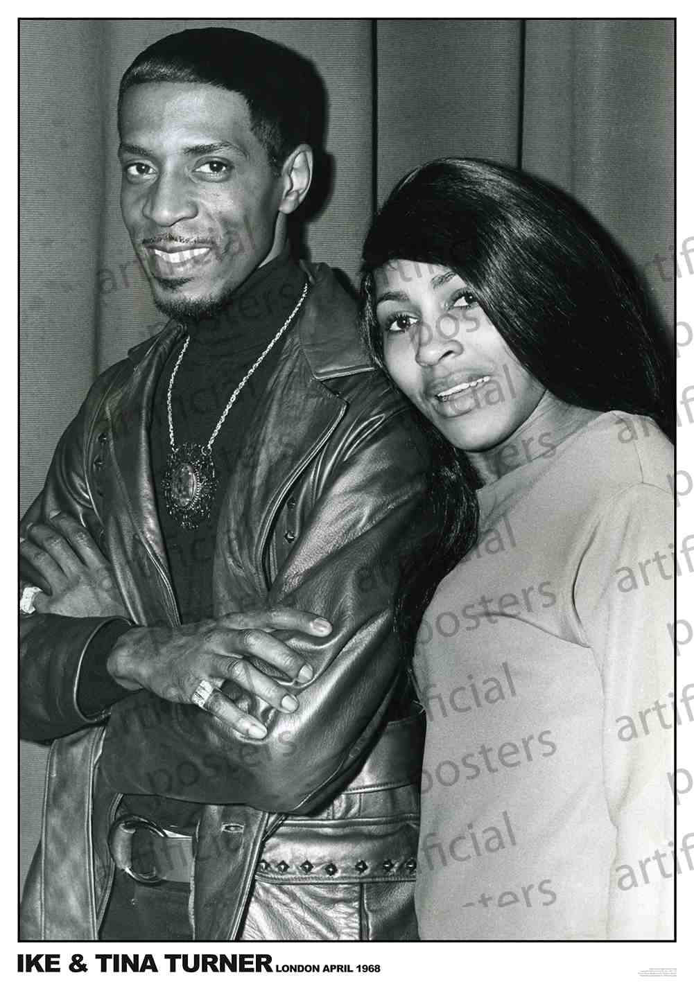 A black and white photo captures Ike & Tina Turner standing close, both smiling at the camera. The man sports a leather jacket and a necklace, while the woman wears a sweater with her long straight hair. Text at the bottom reads "IKE & TINA TURNER, London April 1968." Perfect for adding to any music collection on premium gloss paper – Ike and Tina Turner London 1968 by MUS 105.