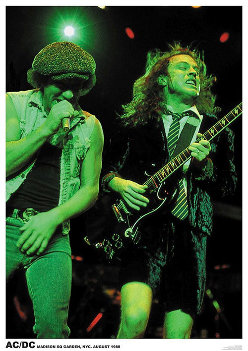 Two musicians light up the stage under green lights—one in a cap and denim vest sings, while the other, in a schoolboy outfit, shreds on guitar. A must-have ACDC poster from MUS, perfect for any music lover's collection.
