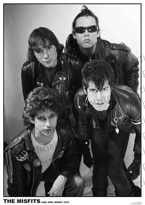 Black and white rock poster of four men in leather jackets posing together. One man is wearing sunglasses. Text at the bottom reads "THE MISFITS Lodi, New Jersey 1979." The background is plain, and the men are looking towards the camera. Perfect for any music collection, printed on premium 150gsm gloss paper. The Misfits 1979 by MUS 171.