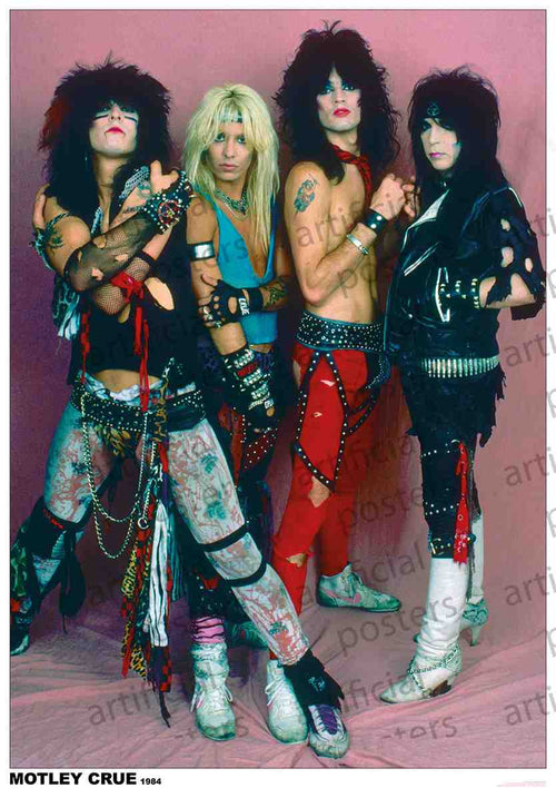 Four band members posing against a pink backdrop, dressed in 1980s heavy metal attire with leather outfits, studded accessories, and colorful, teased hair. The text "MOTLEY CRUE 1984" is printed at the bottom of this MUS 287 Motley Crue rock poster, perfect for any music collection. Printed on premium 150gsm gloss paper.