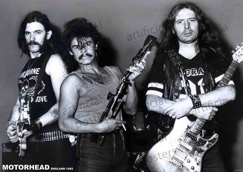 Black and white image of three men in a rock band posing with their instruments, guitars and drumsticks. They have a tough and rebellious look, with long hair and leather outfits. High quality 4 colour process printing showcases "Motorhead England 1982 (MUS 090)" at the bottom left of this iconic Rock Poster.