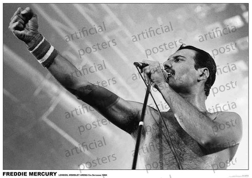 Black and white image of a shirtless man with a mustache passionately singing into a microphone on stage. He has his right arm raised in a fist and is wearing a wristband. Text overlay includes "FREDDIE MERCURY," "LONDON, WEMBLEY ARENA 8th September 1984," and "Freddie Mercury Wembley 1984" by MUS 035.