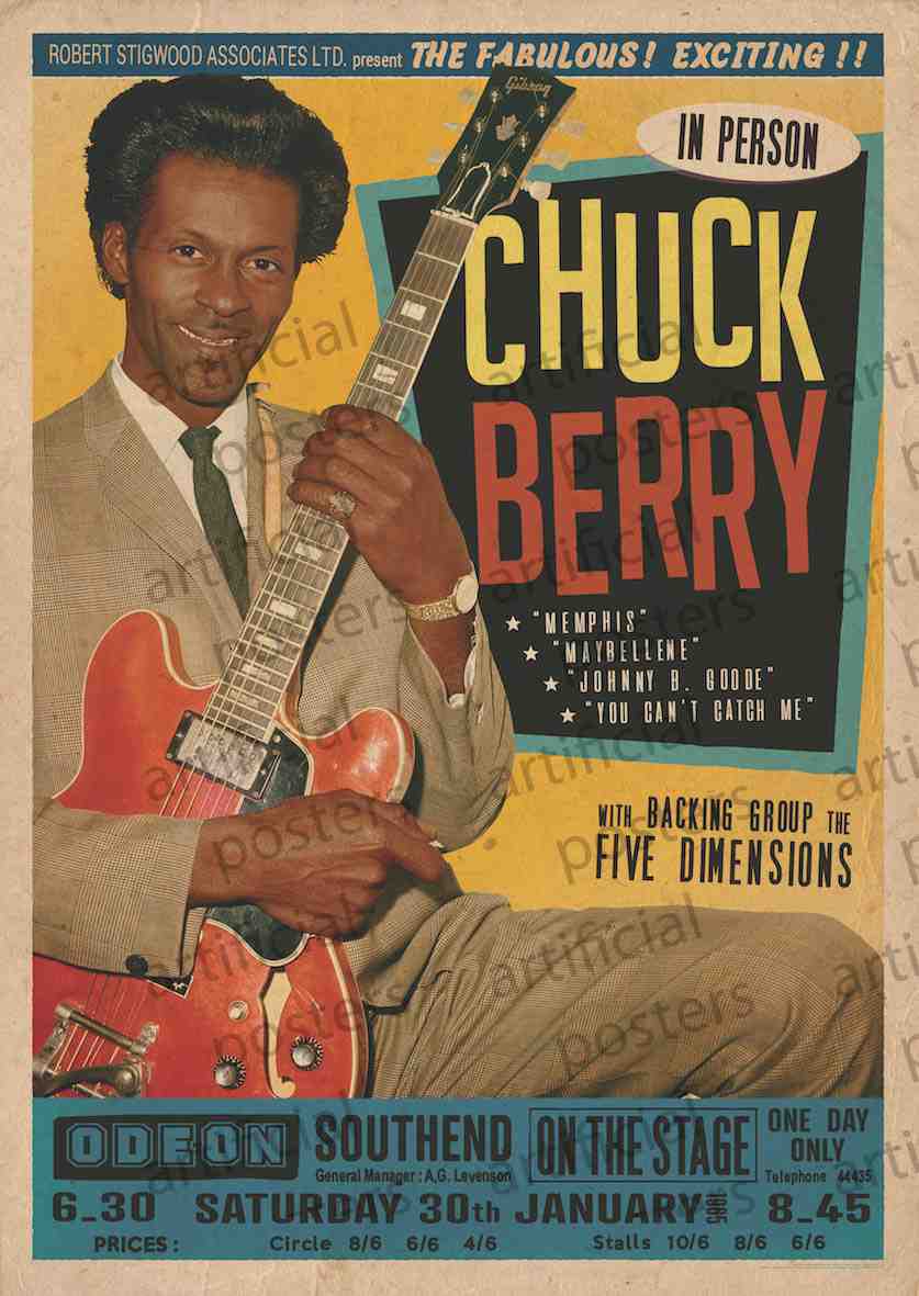 A vintage rock poster featuring Chuck Berry from the MUS 318 collection. The artwork captures Chuck Berry holding a guitar, with text highlighting his name and iconic song titles such as "Memphis," "Maybellene," and "Johnny B. Goode." The event is at the Odeon, Southend on Saturday, January 30th at 6:30 PM, with backing group The Five Dimensions. This piece is a must-have for any music collection.