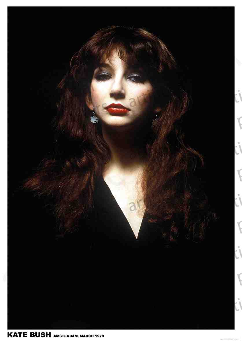 A woman with long, dark hair and bangs is pictured against a black background. She is wearing dark clothing and statement earrings, and her makeup features bold red lipstick. Text at the bottom reads "KATE BUSH AMSTERDAM, MARCH 1978." This striking music poster, "Kate Bush - Amsterdam 1978" by MUS 056, is printed on premium gloss paper for a stunning finish.