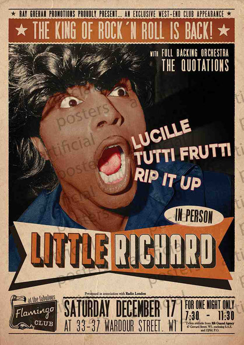 The Little Richard - Flamingo Club vintage rock poster from MUS 289 showcases Little Richard performing live at the Flamingo Club on Saturday, December 17. It features text highlighting his hit songs "Lucille," "Tutti Frutti," and "Rip It Up" alongside The Quotations backing orchestra. Printed on premium 150gsm gloss paper, it's an essential addition to any music collection.