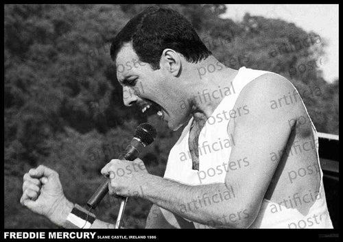 Black and white photo of a person passionately singing into a microphone on stage. They are wearing a sleeveless shirt and a wristband. The background shows trees. The text at the bottom reads, "Freddie Mercury, Slane Castle, Ireland 1986" with "MUS 185 Freddie Mercury Ireland 1986 Rock Poster" overlaid in premium gloss paper for your music collection.