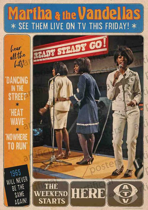 Experience the charm of a retro-style promotional poster showcasing "Martha and the Vandellas" performing live on TV. The vibrant image captures three women singing and dancing on stage, with the bold text "READY STEADY GO!" above them. The featured song titles include iconic hits such as "Dancing In The Street," "Heat Wave," and "Nowhere To Run." This high-quality Music Collection Poster from MUS 036 is printed on premium 150gsm gloss paper.
