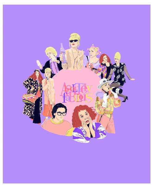 Illustration of characters from the TV show "Absolutely Fabulous," depicted in various colorful and eclectic outfits against a purple background. Some are holding props like a wine bottle and a megaphone, with the show's title in the center, part of the fap Ab Fab by Amy Blue art print series.
