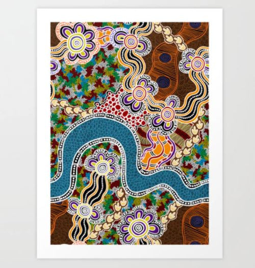 Experience the vibrant Authentic Aboriginal Print Hogarth Arts by Blue Dog Posters, featuring intricate patterns and shapes. This artwork includes colorful flowers, flowing lines resembling rivers, and multicolored dots and swirls. The design incorporates earthy tones, blues, greens, and reds to create a dynamic and visually engaging piece.