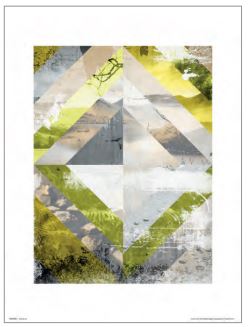 An exquisite art piece from MEZ 067's "Abstract Landscapes Paint" collection, featuring a geometric design with a diamond shape made up of triangular segments. These triangles are exquisitely painted in shades of green, gray, yellow, and white with textured and blended backgrounds, culminating in an earthy yet modern aesthetic.