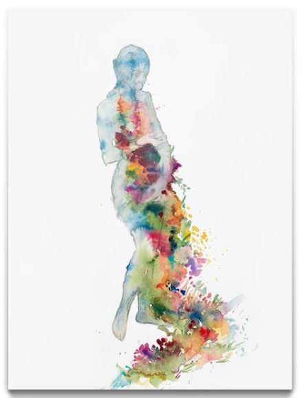 Let Go of to Become Sky by Agnes Cecile from ARS depicts a standing, human-like figure rendered in shades of blue. The abstract figure is surrounded by vibrant streams of red, orange, green, and purple flowing outward on premium quality Matte Art Paper. The background is white.