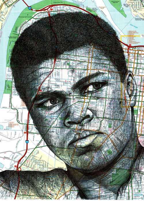 A mixed media art print on satin paper, depicting Muhammad Ali by The Art of the North. The face is drawn with pencil and ink, and the underlying map shows detailed city streets and geographic features, seamlessly blending the portrait with the urban layout, available from fap.