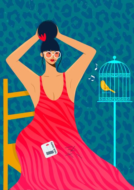 This artwork titled *All Dressed Up by Kitty O Illustrates* from Blue Dog Posters' Featured Artists Collection, depicts a woman in a zebra-striped red dress sitting sideways on a chair and tying her hair into a bun. She wears glasses and red lipstick while nearby, a bird sings in its cage. A "VIP Access" pass and a pair of scissors rest on her lap. It is printed on 250gsm Satin Paper.