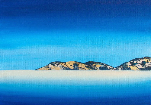 The "Almost Summer" art print by Jack Story, offered by MEZ 526, showcases a serene landscape with a bright blue sky and calm water. In the distance, rocky hills merge brown and green tones to evoke tranquility. Printed on matte art paper, this piece captures the peaceful essence of nature.