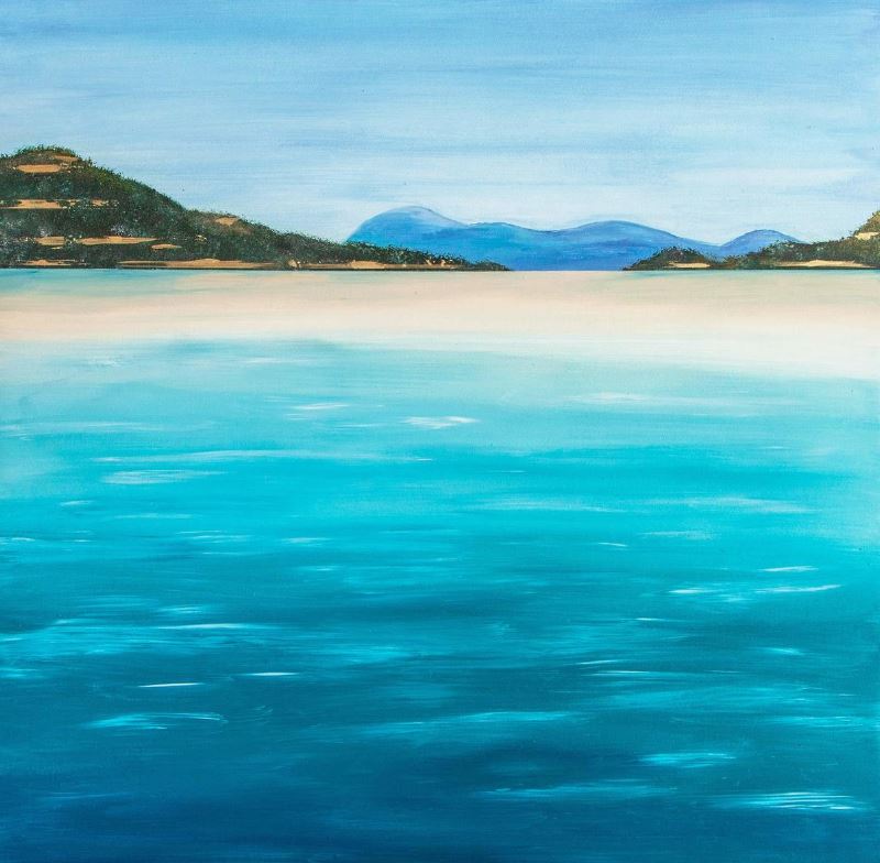 Experience the tranquility of 'Almost There' by Jack Story, an exquisite art print from Blue Dog Posters featuring a serene coastal landscape with turquoise blue waters in the foreground, sandy shores, and green hills set against a clear blue sky.