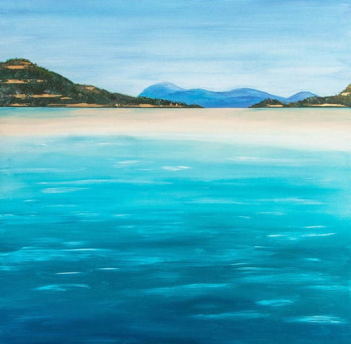 Experience the tranquility of 'Almost There' by Jack Story, an exquisite art print from Blue Dog Posters featuring a serene coastal landscape with turquoise blue waters in the foreground, sandy shores, and green hills set against a clear blue sky.